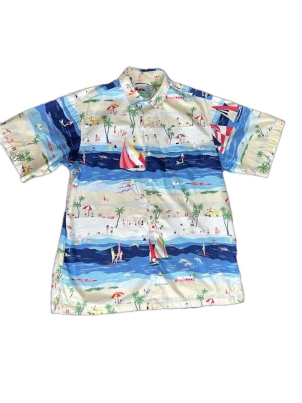 Reyn Spooner Vintage Tropical Beach Print Button-Up Short Sleeve Shirt. Size M.
